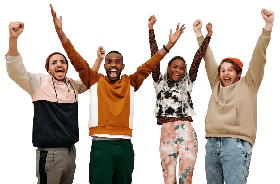 four cheering young adults