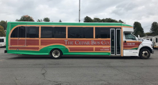 a red and green bus